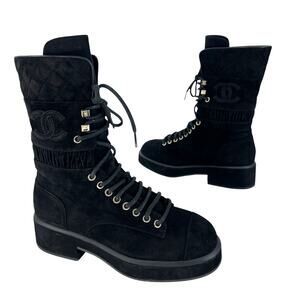 Chanel CC Suede Quilted Lace Up Combat Cap Toe Boots in Black